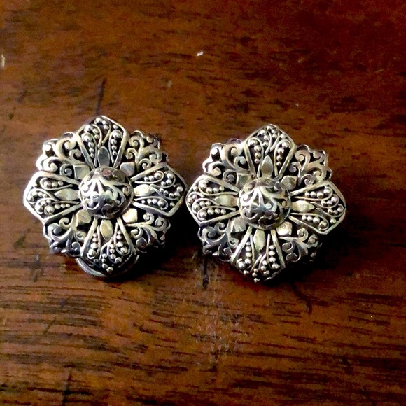 LOIS HILL Sterling Silver Granulated Cutout Floral Clip On Earrings - Picture 7 of 7